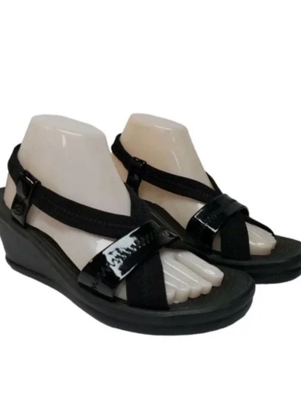 Skechers Black Patent & Fabric Wedge Sandals